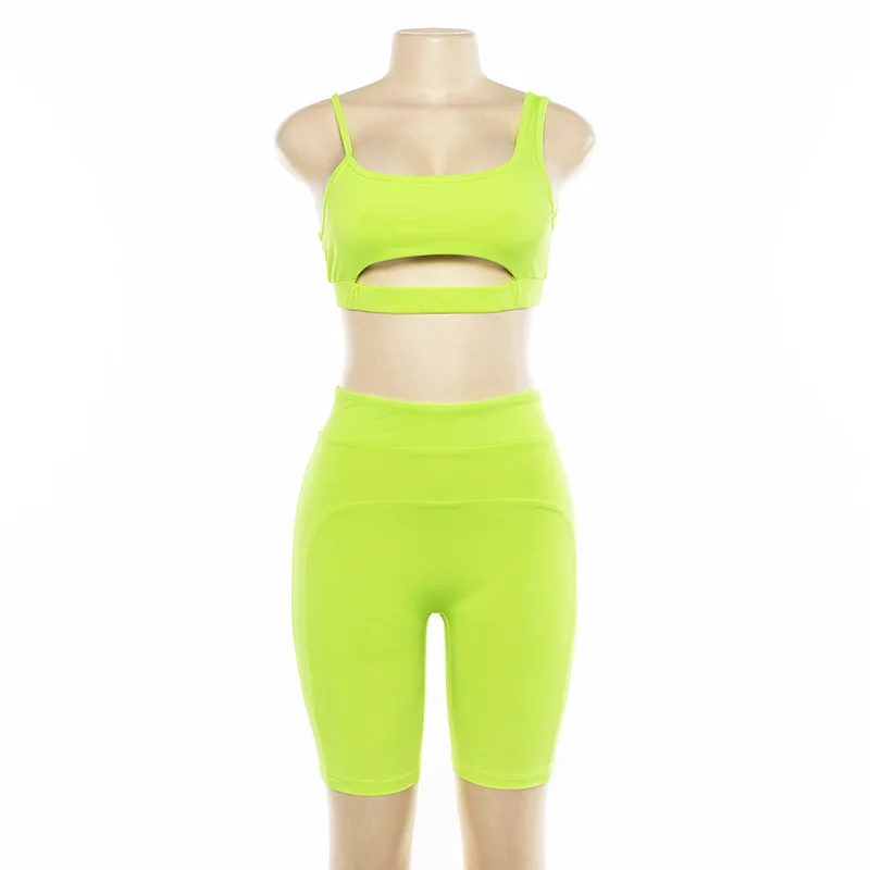 

Bike Shorts And Sport BraSet Fitness 2 Pieces Sport Bra Sexy Thin Shoulder Strap Halter Top Spandex Leggings, As shown
