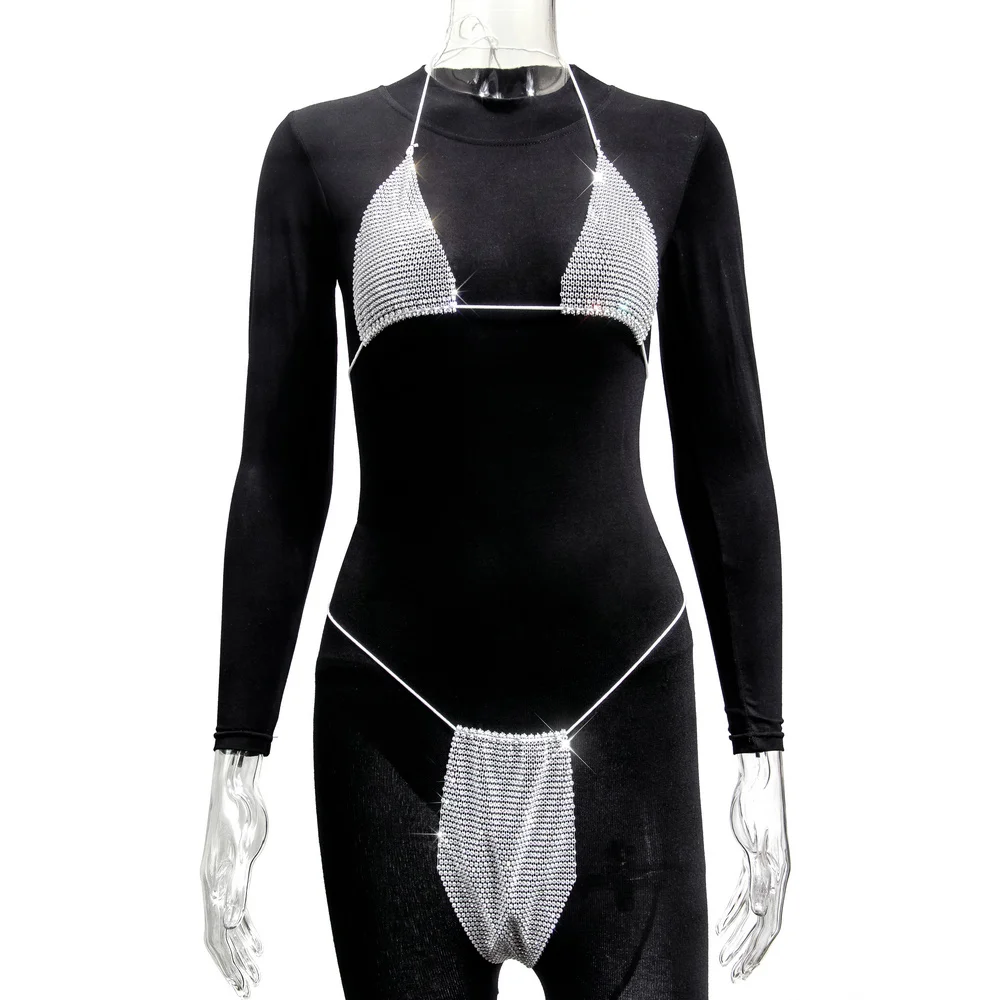 

LBZ1072 NEW Bling Shining Two Piece Set Swimwear Cut Out Thong Crystal Diamond Bikini for Women Party Beach, 6 options