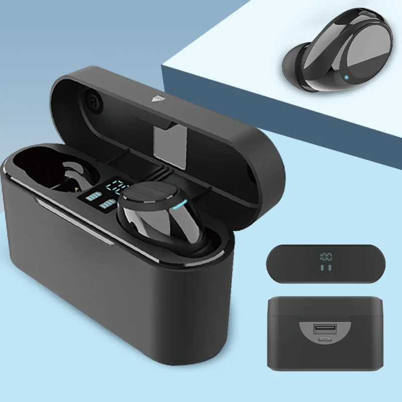 

3d Stereo 2000mah True Wireless Mini Bass Earbuds With Charging Case Lcd Display Headphone, Balck