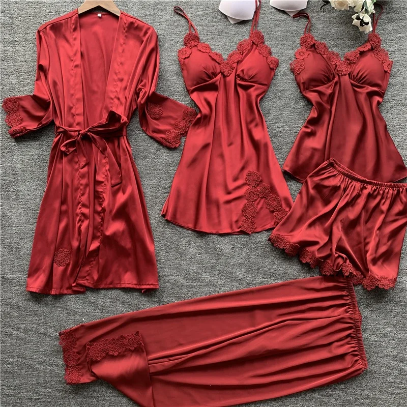 

Hot selling Spring summer women's ice silk sexy 5 piece night dress pajamas set, Existing or as customer's require
