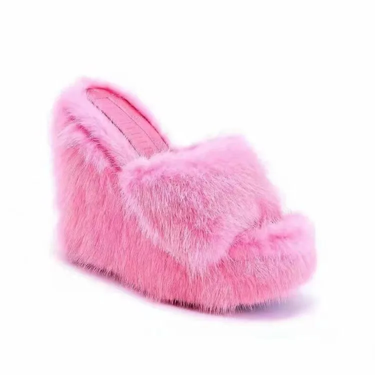 

Amazon Plush Fur slippers for women Large Size Female outdoor platform pink Wedges Sandals, Pink,green,blue,yellow