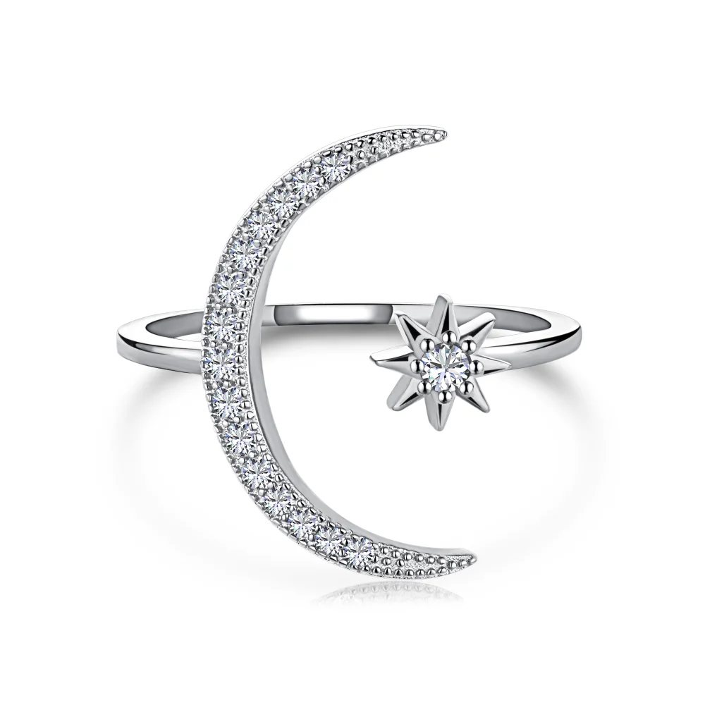 Dylam Hot INS Style Simple Love Jewelry Women Girl Spinner Ring Open Adjustable 925 Sterling Silver CZ Moon Star Stackable Rings
