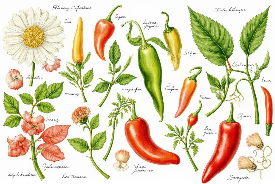 Botanical illustration showing different chili pepper species with labeled parts including flowers, leaves, and fruit variations