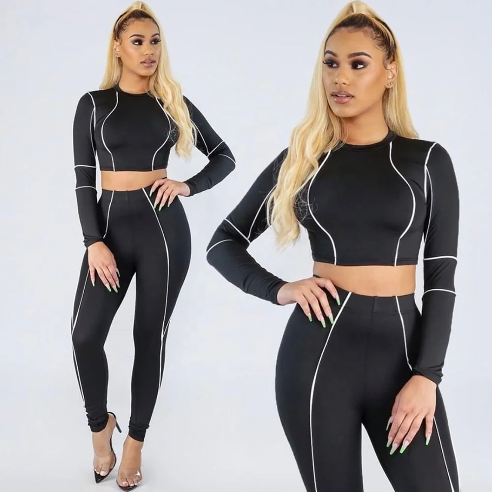 

Amazon hot 2 piece set women fitness clothing stripe Long sleeve crop top and workout leggings set black