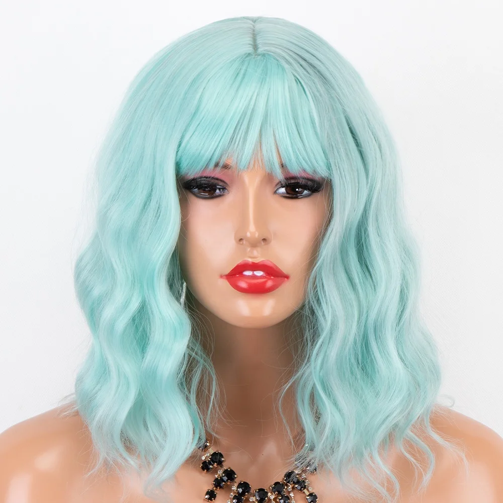 

Aliblisswig Cosplay Pastel Light Blue Short Wavy Bob Heat Resistant Fiber Hair None Lace Synthetic Wigs with Full Bangs
