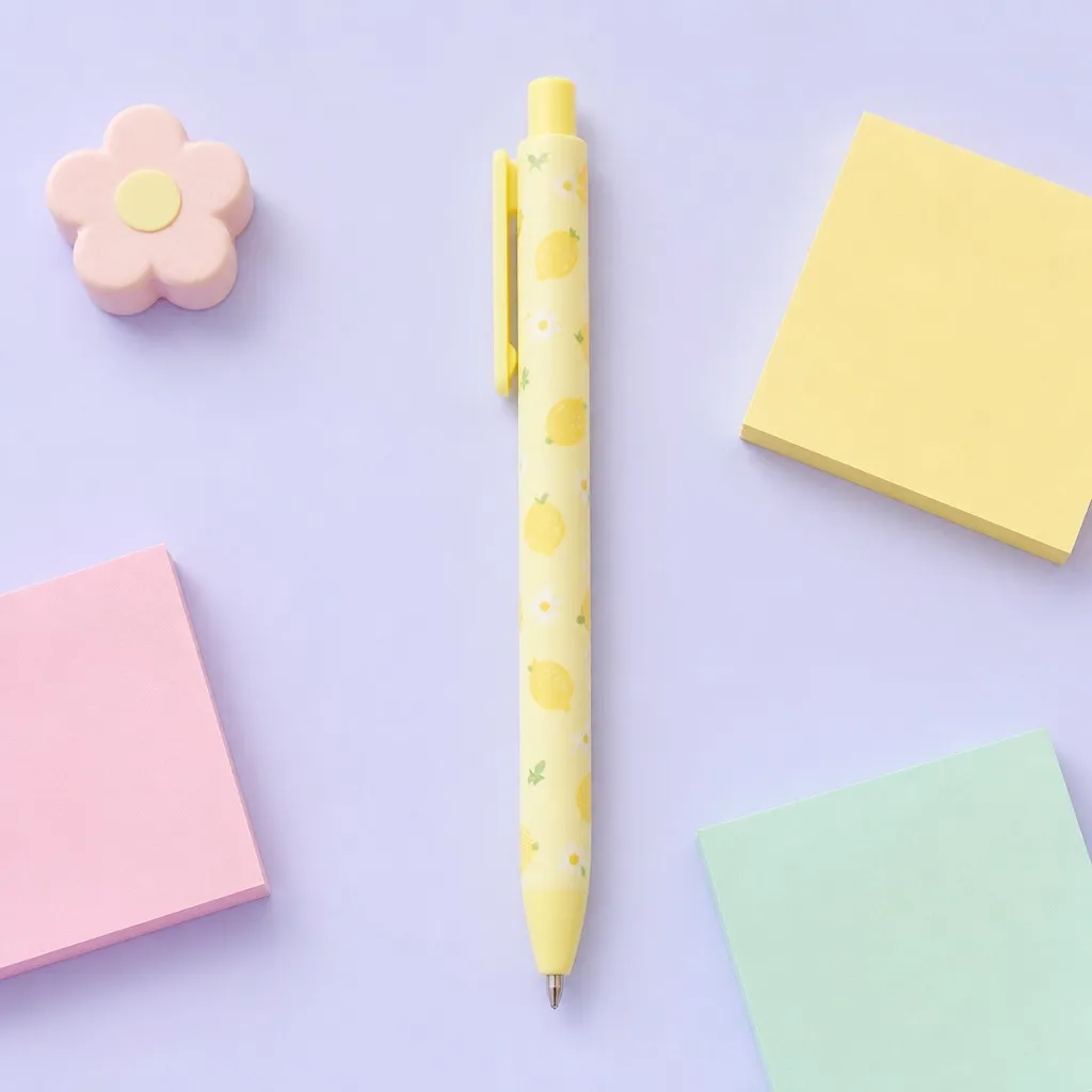 Yellow lemon pattern pen with pastel stationery flat lay