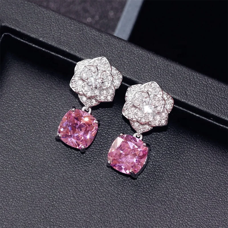 

Hot Exquisite Flower Pink Cubic Zircon Earrings crystal earring for women Girls jewelry gift