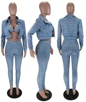 

New Arrivals Three-Piece Suits Blue Print Plaid Pencil Long Sleeve Two Piece Set Women Clothing