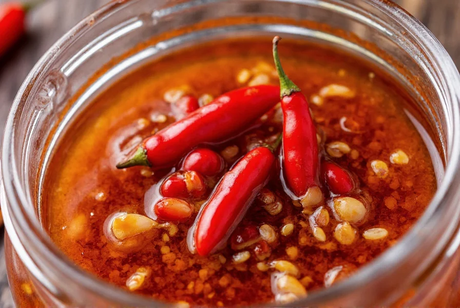 Close-up photograph of chili crisp sauce in glass jar showing red chilies, garlic pieces, and sesame seeds suspended in oil