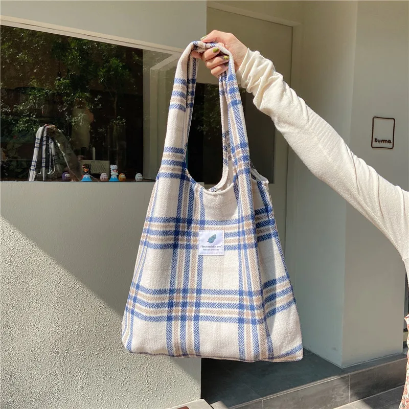 

2021 Japanese lattice Single Shoulder Carrying Canvas Custom Student School handbag Tote Bag Wholesale, Customized color