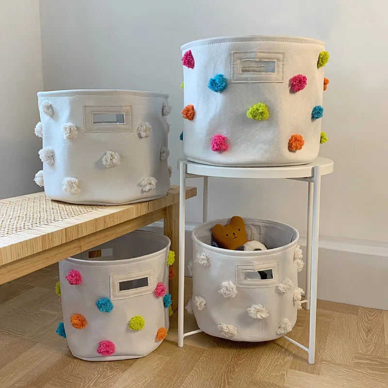 

Sundayhome 2021 Cute Fabric Kids Foldable Colorful Pompom Decoration Round Storage basket, Customized color