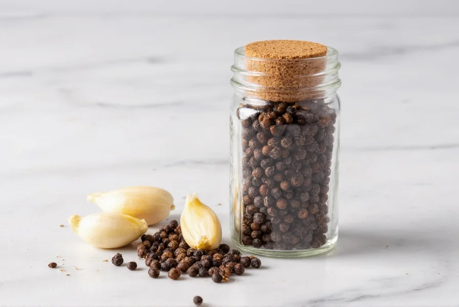 Homemade garlic pepper in glass jar with fresh garlic cloves and black peppercorns