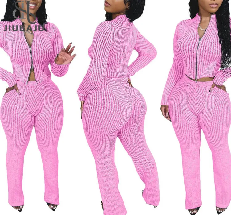 Knit Two Piece Set Women Casual Long Sleeve Zipper Cardigan and Straight Pants Matching Fall 2024 Set