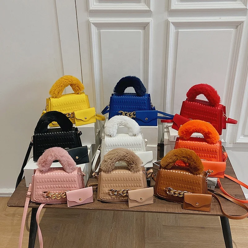 

Small Ladies Shoulder Bag Fur Handle Crossbody Purse Handbags Wholesale Handbag Set