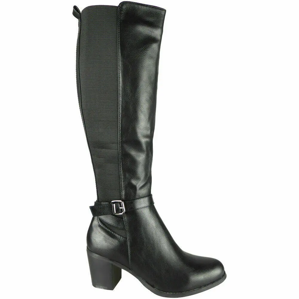 女士中小腿角撑板弹性鞋跟温暖冬季舒适拉链高牛仔女孩皮靴女性