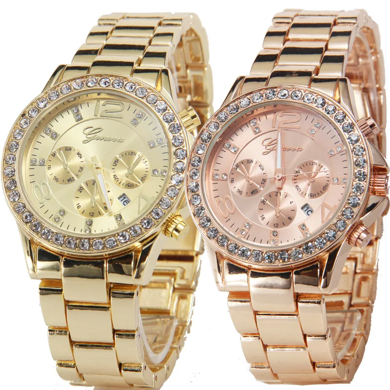 

4167 Luxury Nice Calendar Dial Women Watch Rose/silver Diamond Geneva Crystal Lady's Watch, 3 color as photo