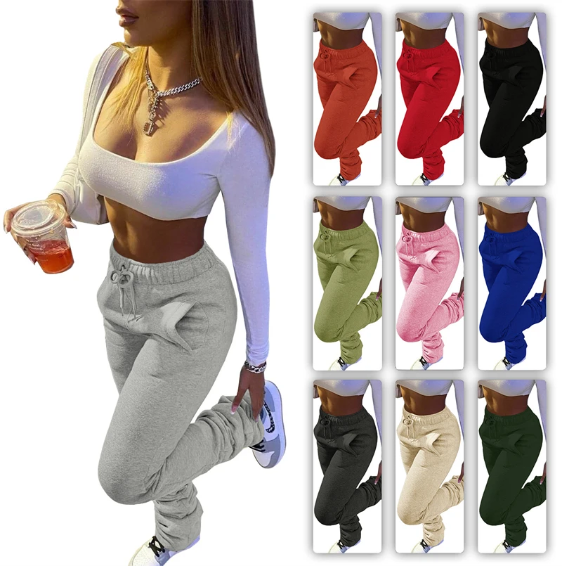 

Fall 2021 Women Bottoms Custom Logo Fleece Jogging Pants Solid Color Stacked Sweatpants Two Pockets Trousers, As picture