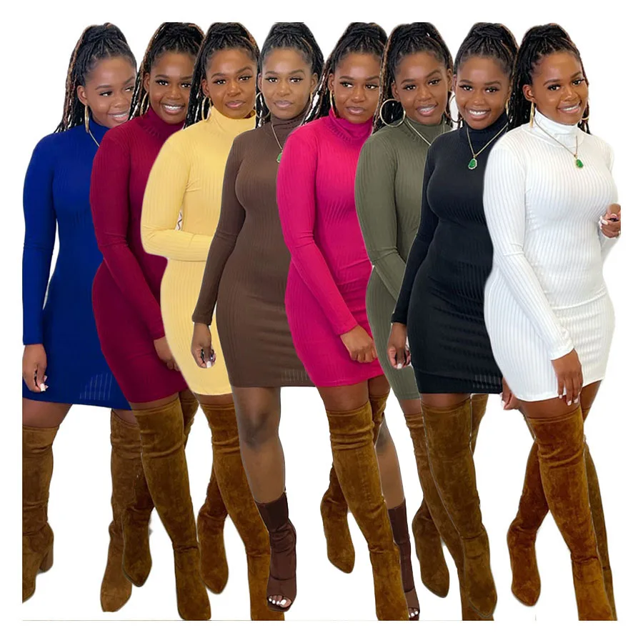 

Foma F146 hot sale ladies sexy multicolor long sleeve one piece dresses women's casual ribbed mini bodycon dress, 8 colors