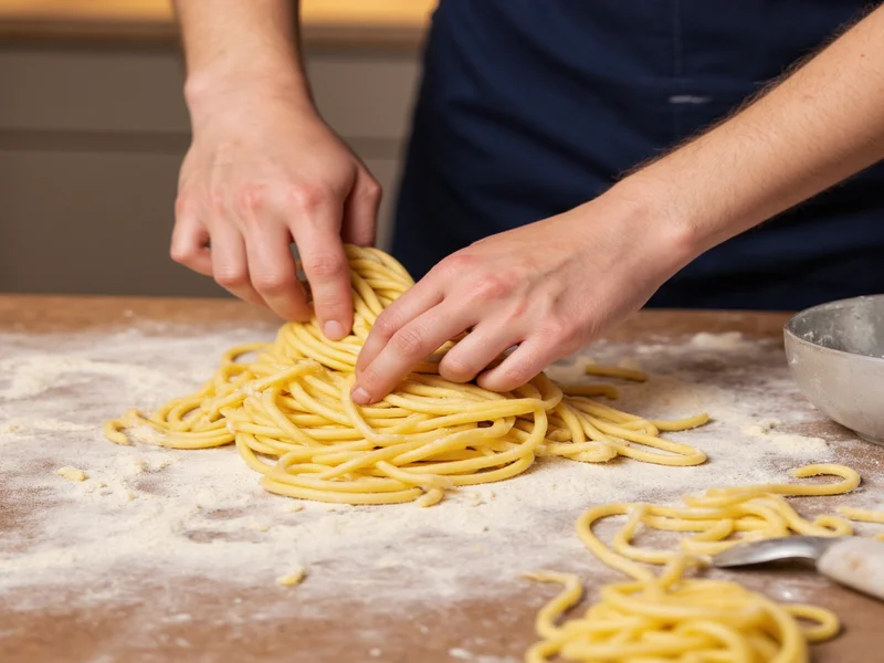 Hands kneading smooth homemade noodle dough on counter