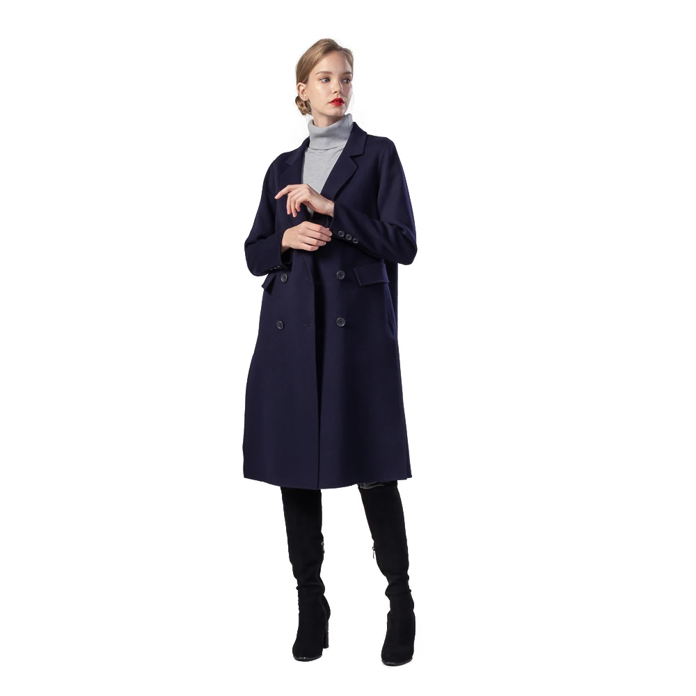 

Winter Fashion Hand-sewn Outerwear Double breasted Double-faced Japan ladies Wool Trench Coat Women, Navy