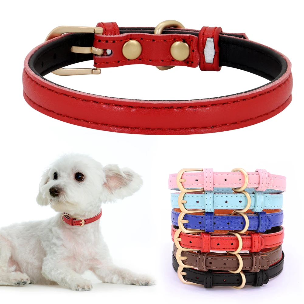 

Leather Small Dog Collar Cute Cat Collars Adjustable Pet Puppy Kitten Collars XS S for Chihuahua Red Pink Blue Black Brown