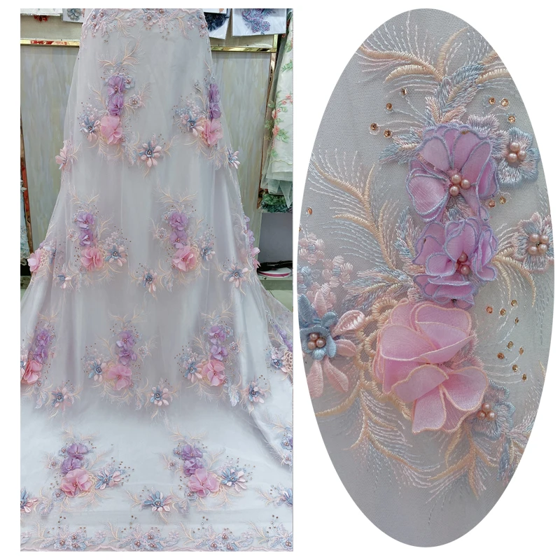 

New arrival african net lace fabric french beaded bridal 3d Flowers tulle lace with beads and embroidery GY909, Accept customized color