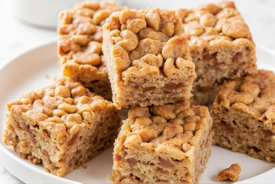 Close-up of golden brown cinnamon toast cereal bars with visible cereal pieces and cinnamon swirls on parchment paper