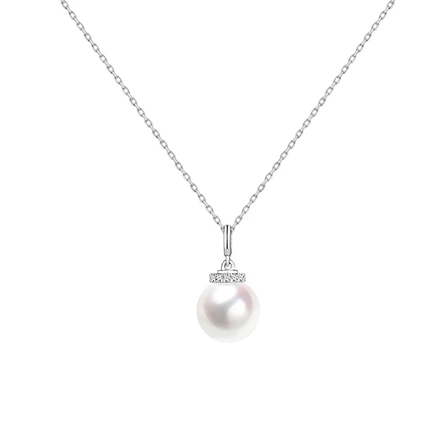 

Luxury 18K White Gold Round 8-9mm Natural Freshwater Pearl and Diamonds Pendant Necklace Free Shipping