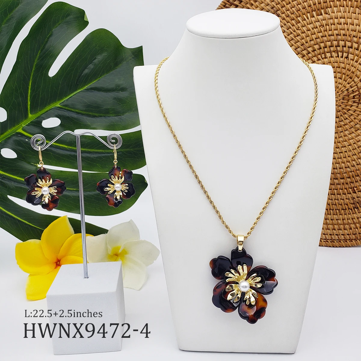 

Wholesale Hawaiian Jewelry Ready Stock Fast Delivery Acrylic Turtle Shell Flower Earrings Necklace Set For Women