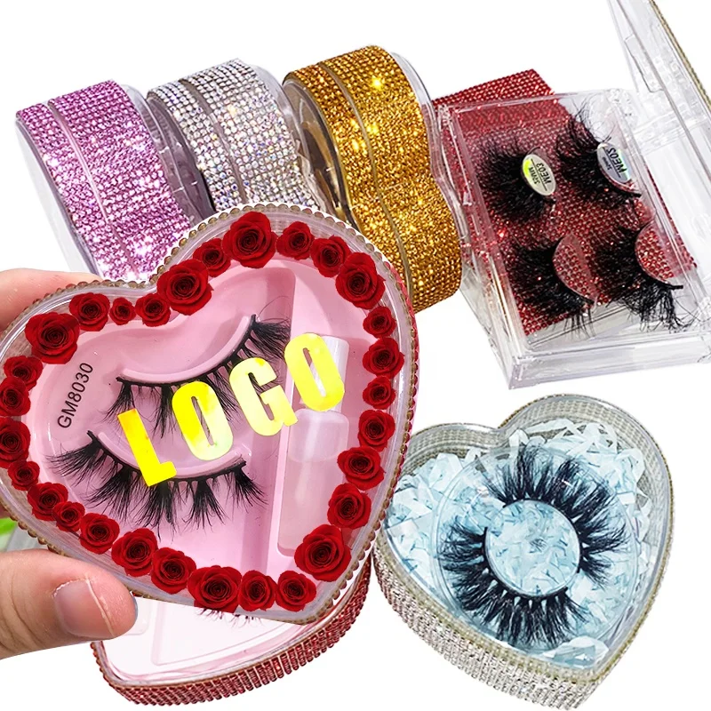 

Eyelash Case Heart Lash Packaging Box Plastic Eyelashes Rhinestone Mink Own Logo Private Label Pink Red Bling Empty 2 Pairs, Pink and red