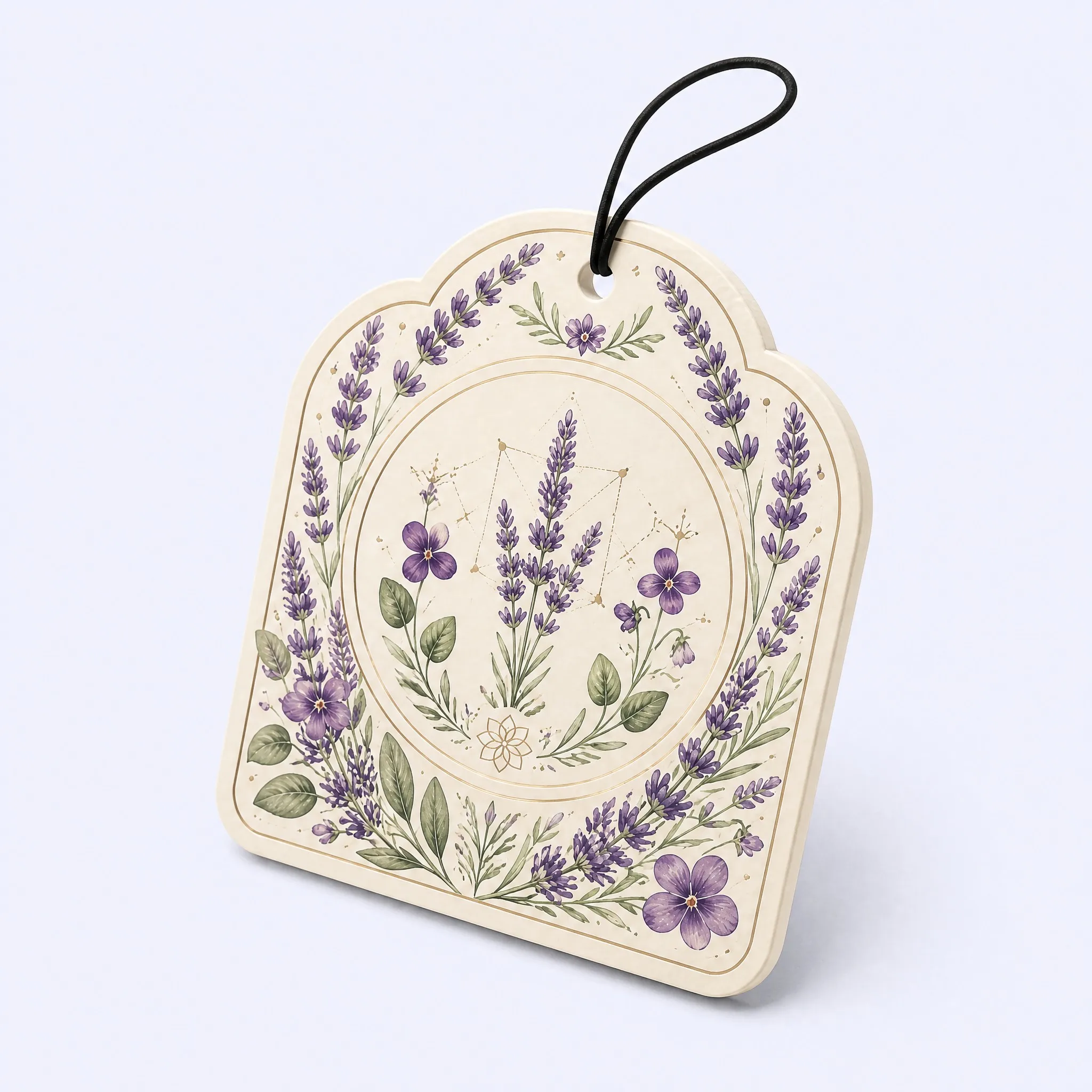 45-Degree Standing View of Arched Lavender Car Air Freshener Card
