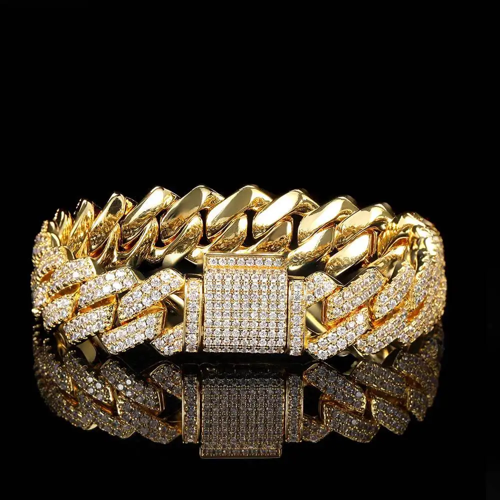 

Dropshipping Hip Hop 18K Gold Plated Iced Out AAAAA CZ Bling Diamond Prong Cuban Link Bracelet, Picture