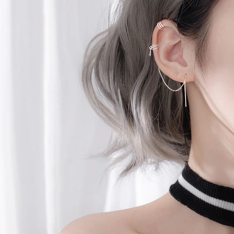 

S925 Sterling Silver Earrings Clip on Cartilage Jewelry Set of 2 pcs Korean Long Chain Tassel Ear Cuff Stud Earrings, Photo