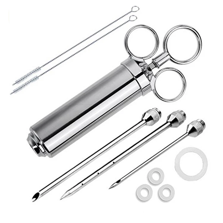 

Heavy Duty Turkey Meat Injector 304 Stainless Steel 2 Oz Seasoning Injector Marinade Injector Syringe Includes 3 Needles, Silver