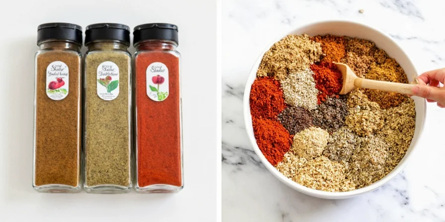 A collection of tightly sealed spice jars in a dark kitchen cabinet