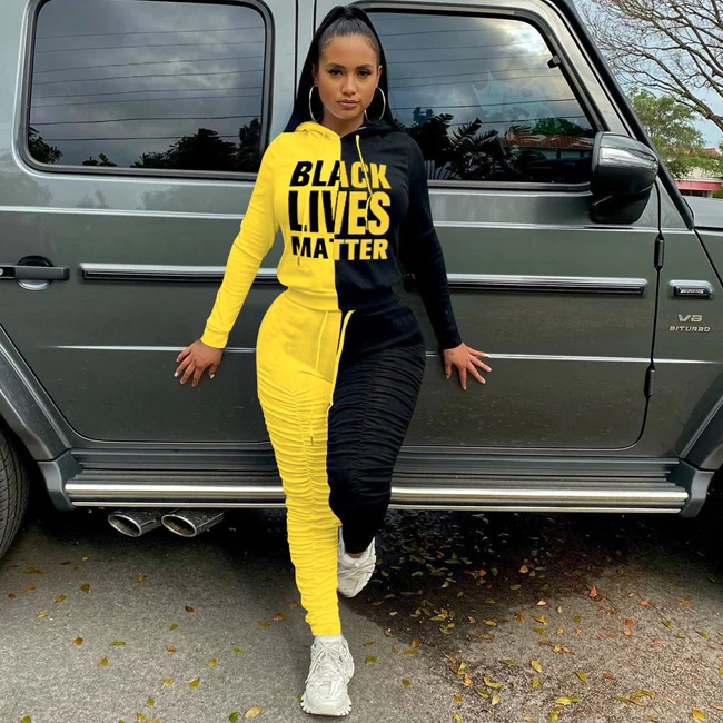 

Letter Print Colorblock Hooded Long Sleeve With Stacked Pants Sweatsuit Fall Fashionable Women Two Piece Pant Sets, White,yellow,orange,red,gray,blue,rose red,cyan blue