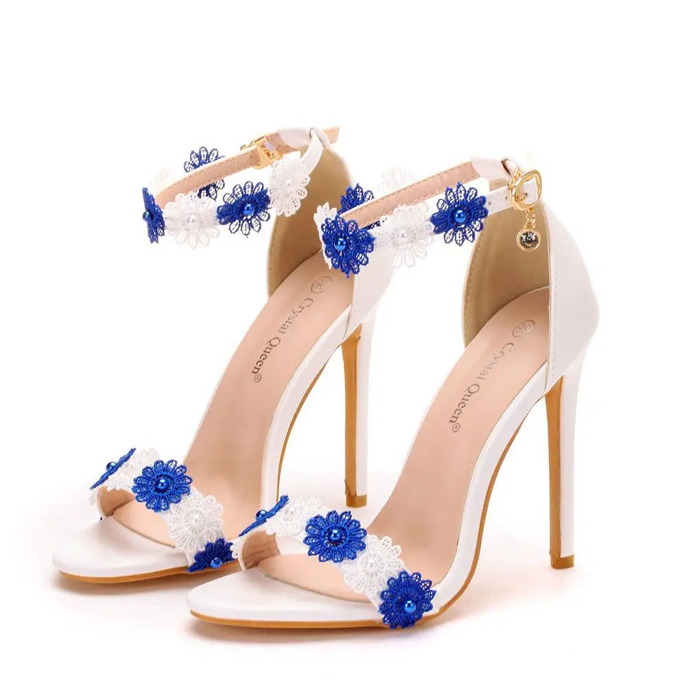 

Stiletto Low Cut Summer Women Sandals Rubber & PU Leather buckle &pointed toe blue and white 590431