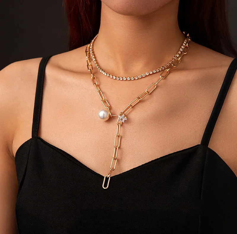 

INS Charm Layered Necklace Tennis CZ Chain Necklace Link Chains Choker Pearl Trendy Exaggerate Multi Layer Necklaces