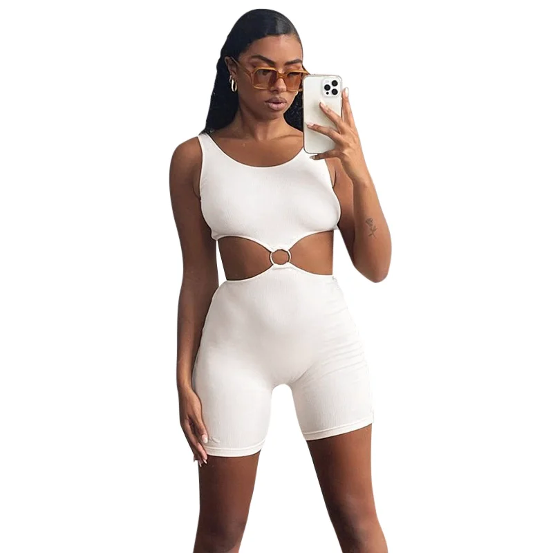 

2021 newjoys summer suit solid color sleeveless top cut out waist Jumpsuit women's shorts, 2 colors