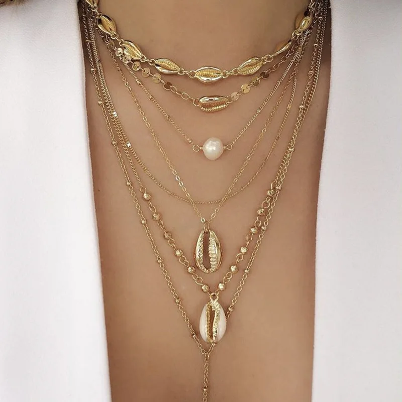 

New Fashion Alloy Gold Clavicle Chain Shell Pearl Multilayer Necklace for Women Seashell Beach Boho Necklace Pendant Jewelry