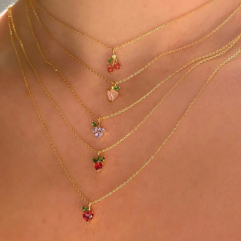 

INS Trendy Gold Plated O Shape Chain Shiny Colorful Cubic Zirconia Peach Strawberry Fruit Pendant Necklace