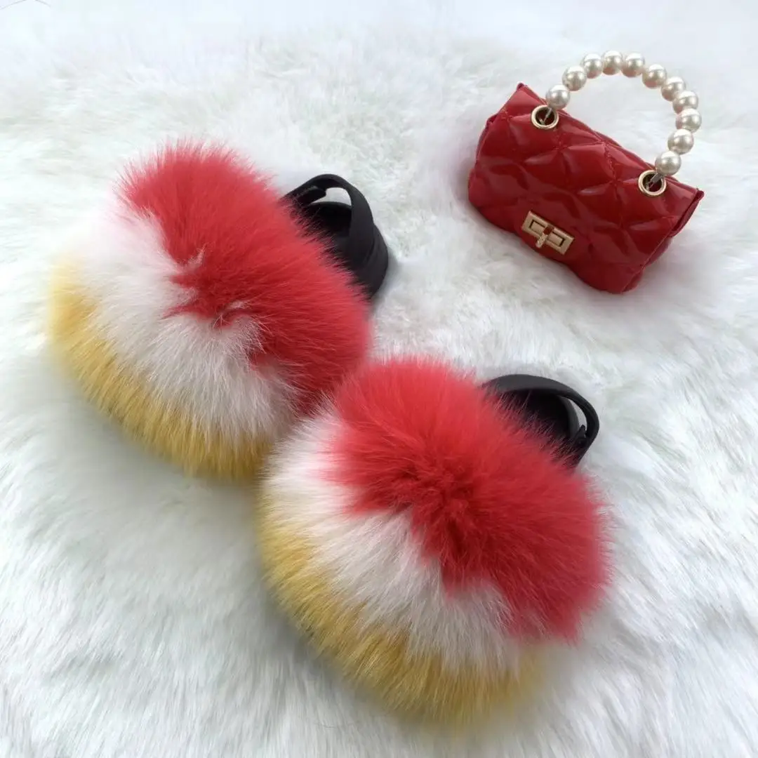 Fur Slides For Girl Real Big Furry Slippers Flush Soft Raccoon Outdoor Slider Sandals Fox Fur Slipper, Customized color