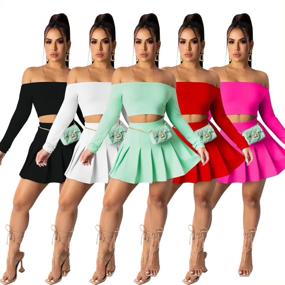 

Coldker Sweet Sets Women Solid Full Sleeve Slash Neck Crop Tops High Waist Pleated Mini Skirts Two Piece Set Summer Outfits 2021, As show