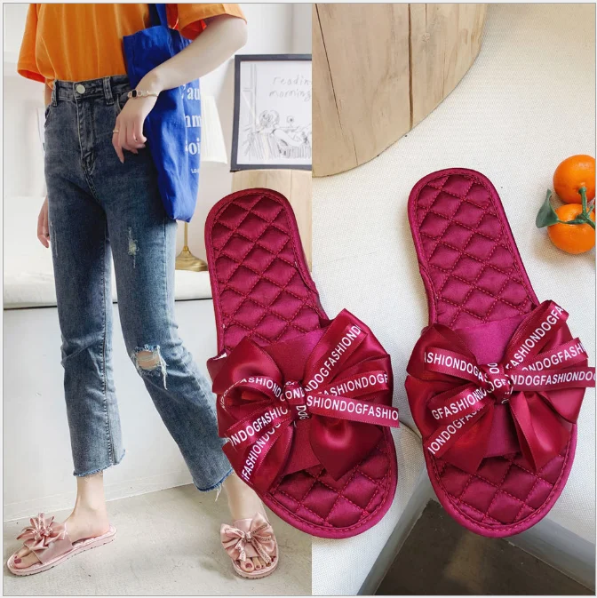 

Summer beautiful girls beach sandals Bow Decoration ladies flat shoes women sandals, Black red blue