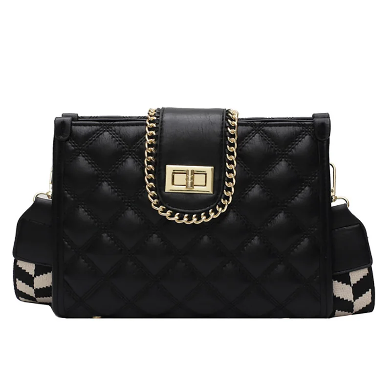 

Women New Fashion Diamond-type Lattice Wide Strap Crossbody Shoulder Bags Vintage PU Leather Solid Color Square Messenger Bag