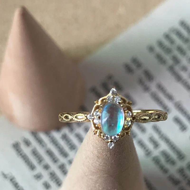 

Vintage Style Gold Plated 925 Sterling Silver Jewelry Oval Moonstone Adjustable Ring