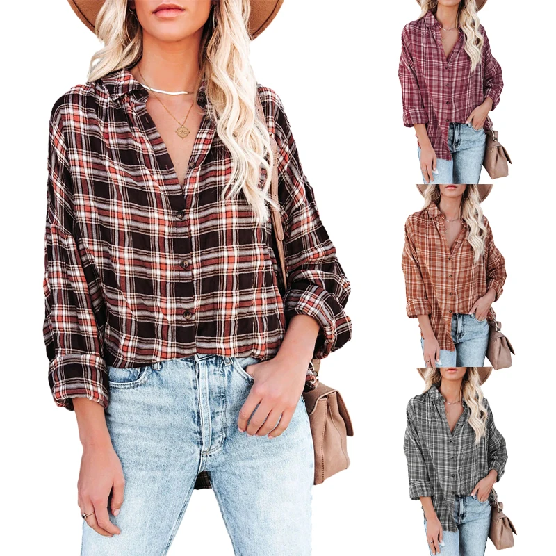 

Wholesale Fashion Winter Knit Long Sleeve Button Oversized Women Plaid Shirt, Customized women plaid shirt