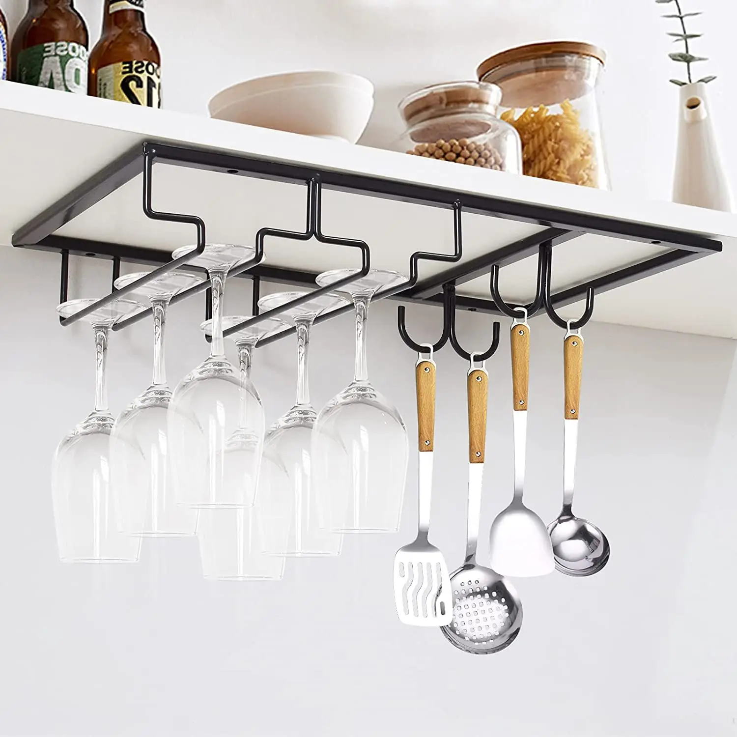 

Wholesale high quality wine glass rack under cabinet household inverted hanging goblet metal wine glass holder, Black