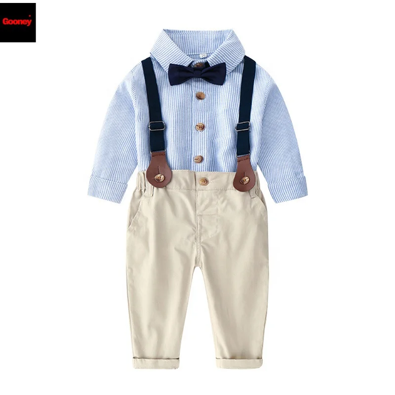 

2021 new arrival fashion kids clothes 2 piece suits long sleeve stripe buttoned shirt bow tie tuxedo suspender pants boy set, Customized color