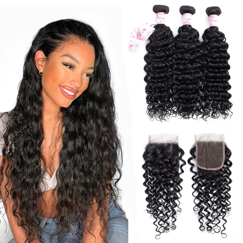 

Wholesale 10A Brazilian Water Wave Bundles With Frontal Remy Hair Bundles with Frontal Unprocessed Brazilian Hair with Closure